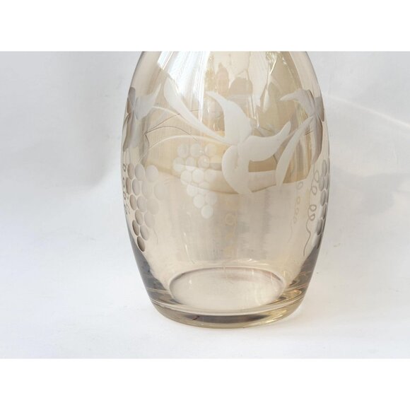 Etched Pale Yellow Glass Floral & Fruit Vintage Art Nouveau Oblique Glass Carafe - Picture 6 of 16